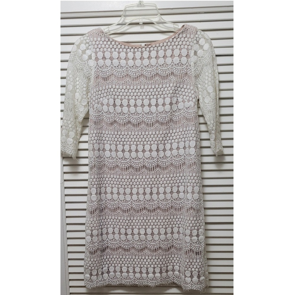 White Crochet Lace Shift Dress 4P Nude Lining 3/4 Sleeve Petite Jessica Howard